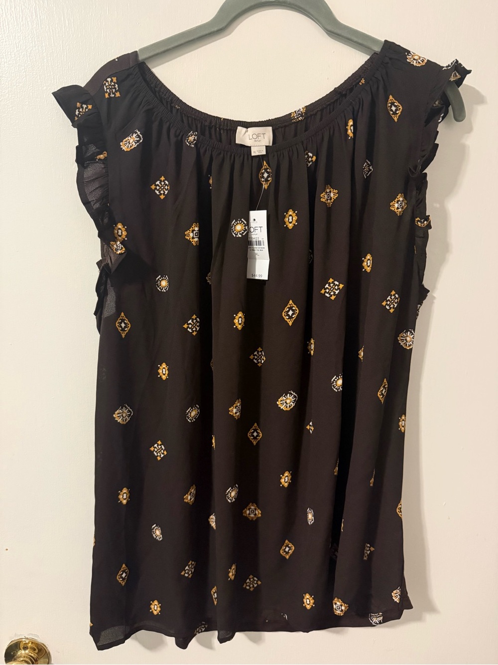 LOFT Black Blouse with Gold-Cream Medallion Print
